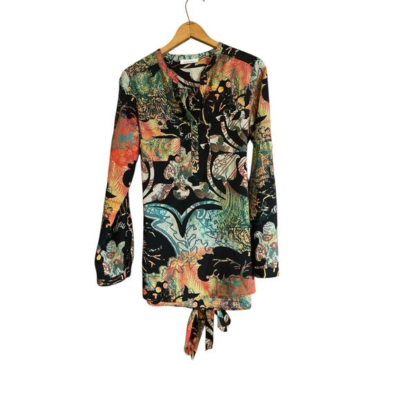 Women's Calvin Klein 1/2 Button Tie Front Hawaiian Print Blouse Kimono Medium - Picture 3 of 4